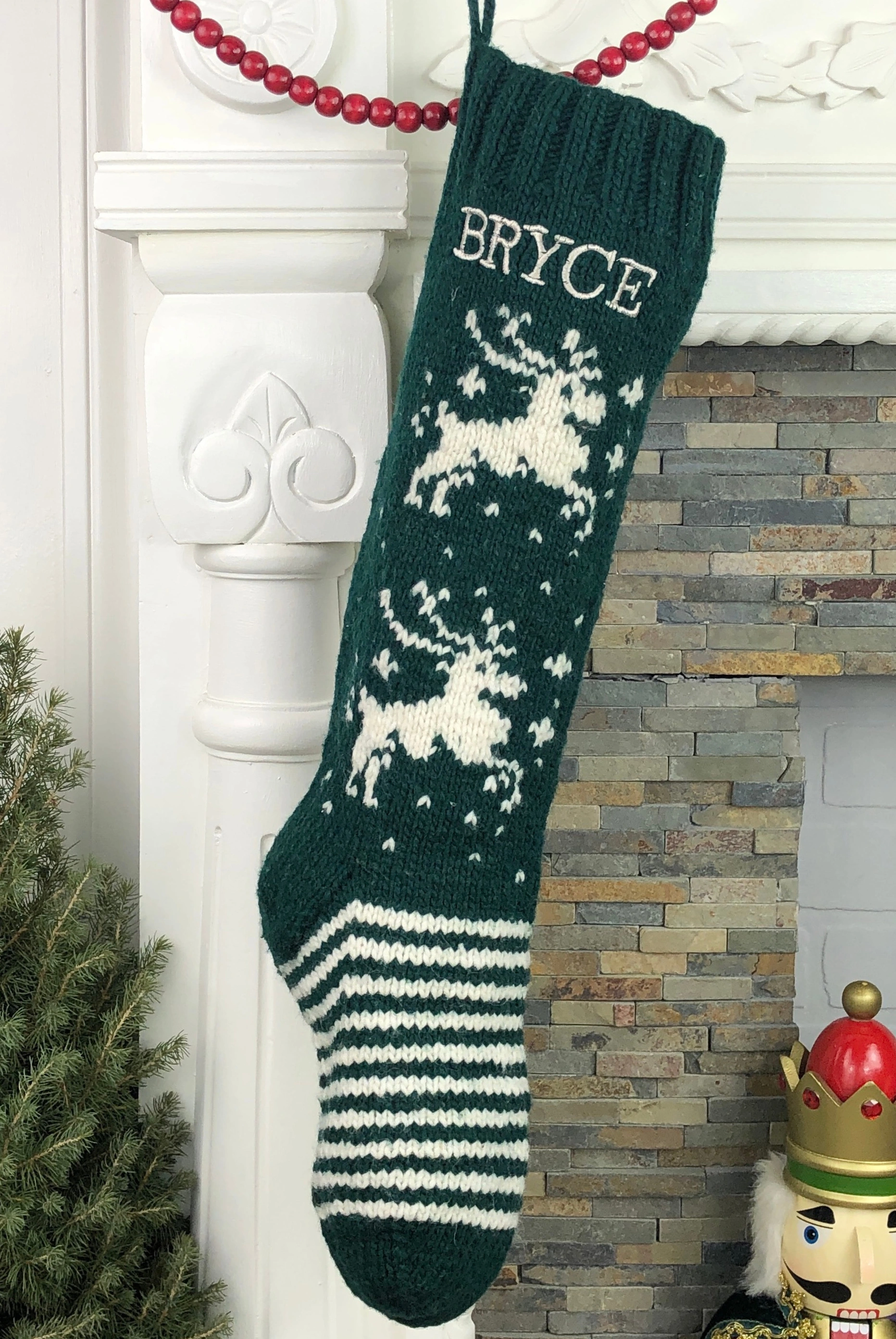 Handmade Green & White Reindeer Christmas Stocking – A Personalized Holiday Treat!