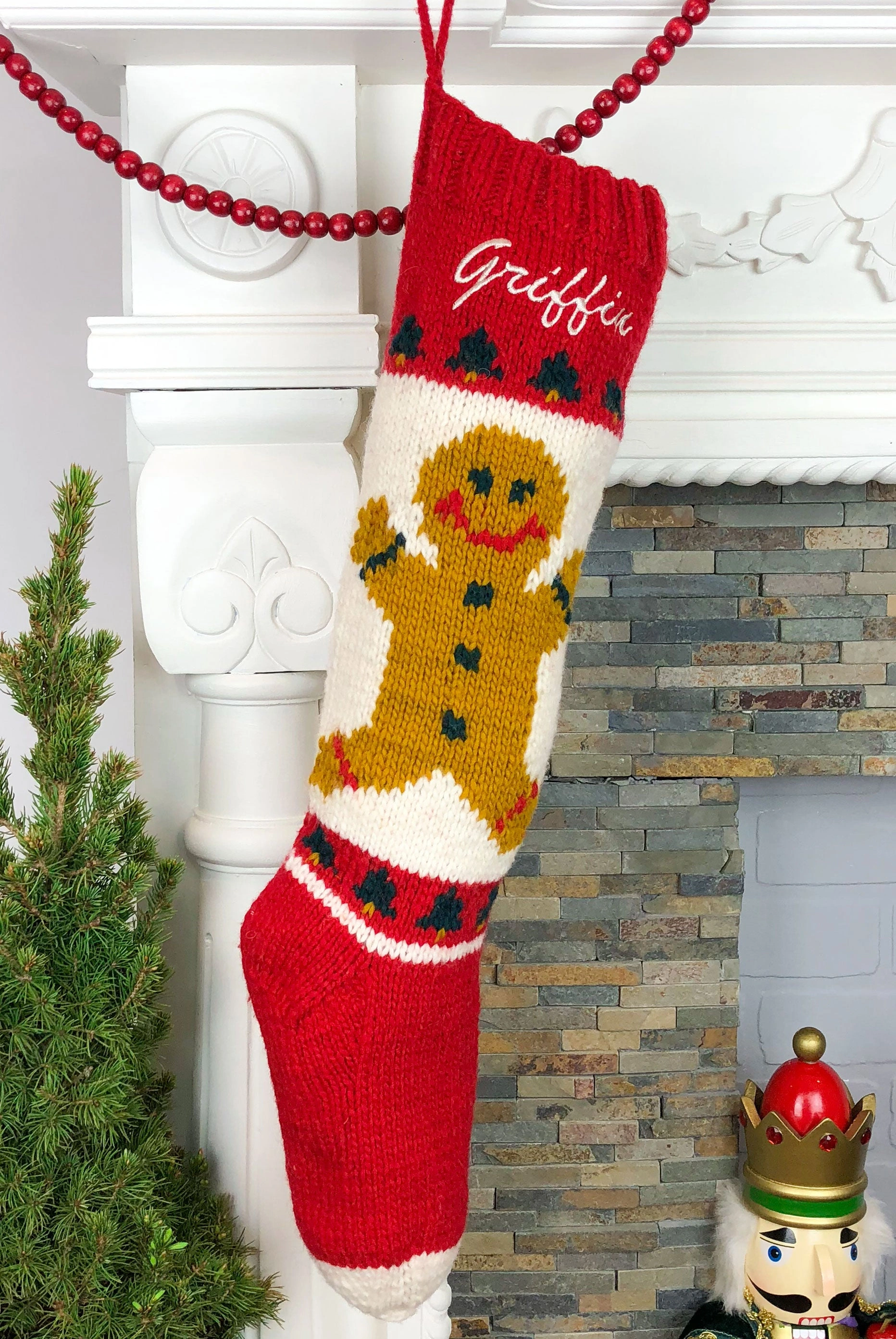 Cozy Gingerbread Boy Knit Christmas Stocking Handmade Holiday Decor